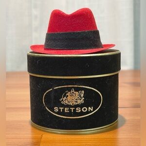 VTG Stetson Miniature Red Felt Fedora Hat Salesman Sample Model Black Lidded Box